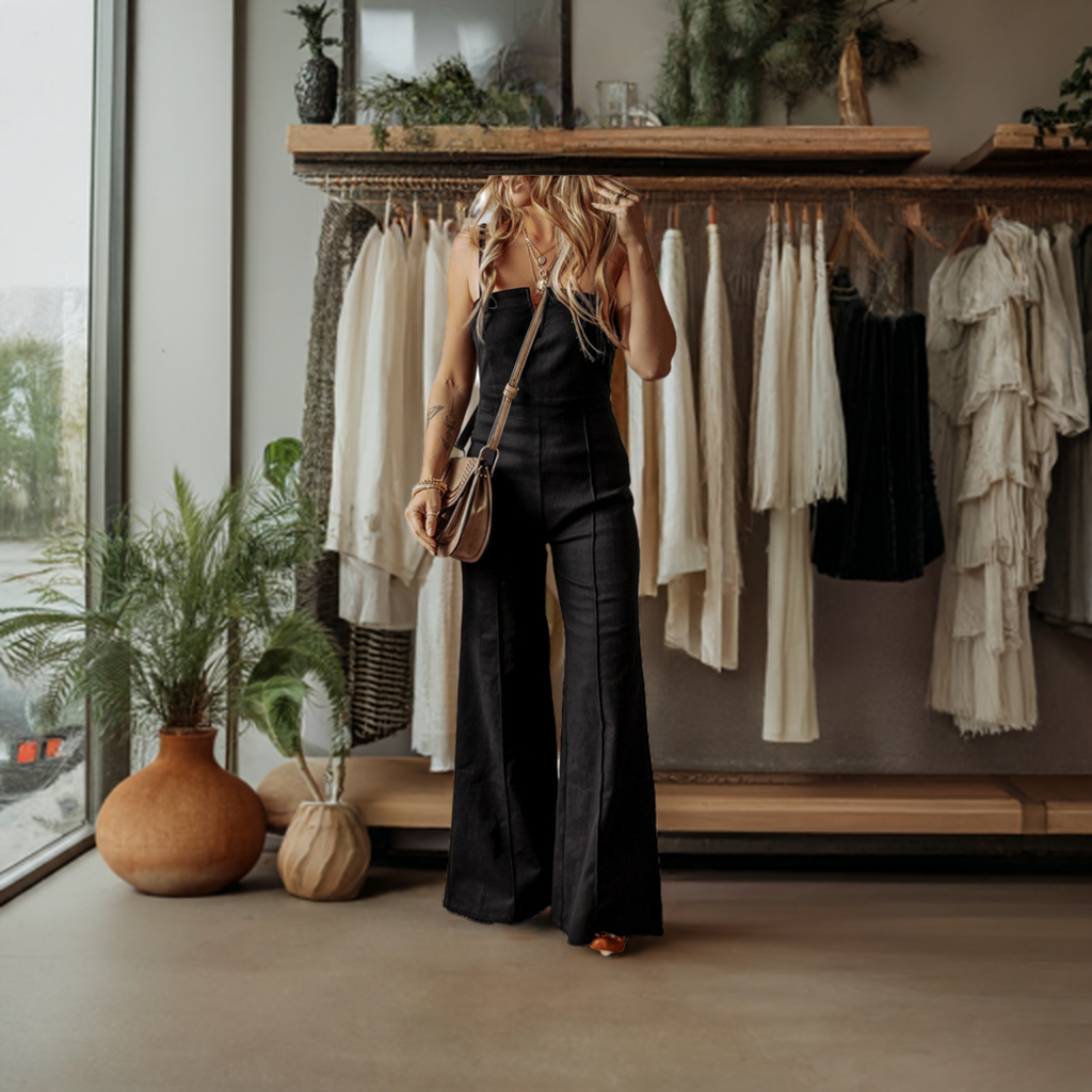Black Seamed Zipper Spaghetti Strap High Waist Flared Jumpsuit