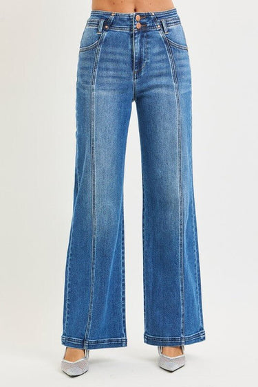Risen high-rise wide jeans showing front and back with curved seam design, denim fabric, and classic five-pocket style.
