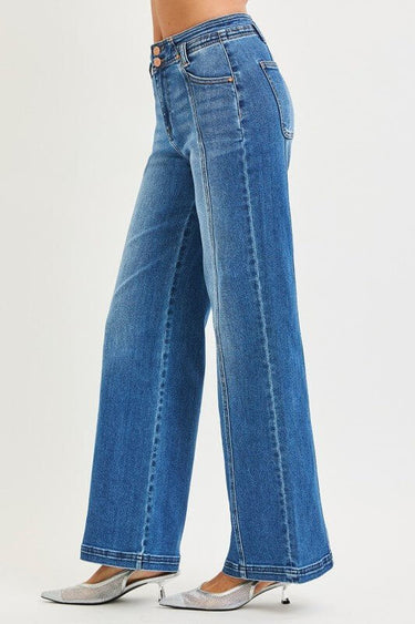 Risen high-rise wide jeans with front and back curved seam design, showcasing a relaxed fit and classic denim look.