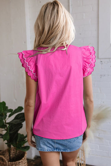Hot pink ruffle sleeve top with scalloped V-neck, stylish blouse by Cowgirl Charm, perfect for casual or trendy outfits.