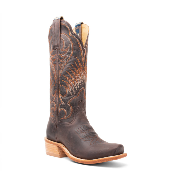 Hyer Leawood Chocolate women's cowboy boots with pointed toes and Western stitching, crafted by HYER.