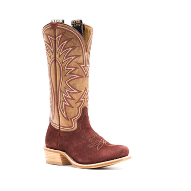 Hyer cowboy boot with intricate stitching on a white background