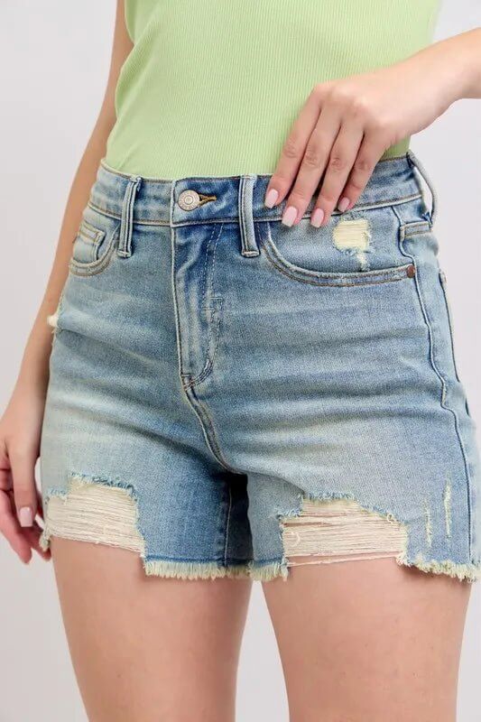 Judy Blue high rise washed denim shorts with fly stitch detail and distressed destroy finish, casual summer shorts for women.