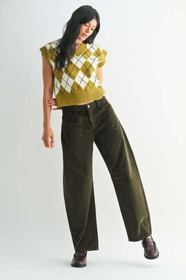 Women’s olive corduroy barrel leg pants by JBD Just Black Denim, high-rise style with a relaxed fit and classic denim look.