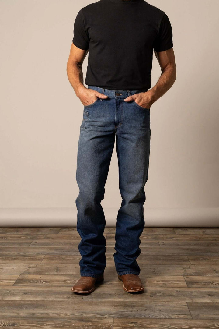 Kimes Ranch Men's Stewart Jeans, classic denim bottoms with a relaxed fit and sturdy stitching, shown in a front view.