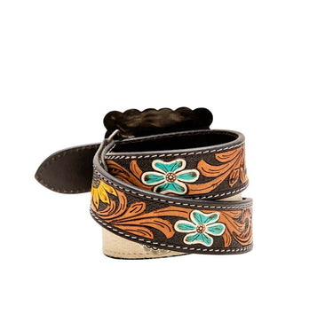 Klepto Hand-Tooled Concho Belt by Cowgirl Charm featuring intricate leather tooling and decorative metal conchos.