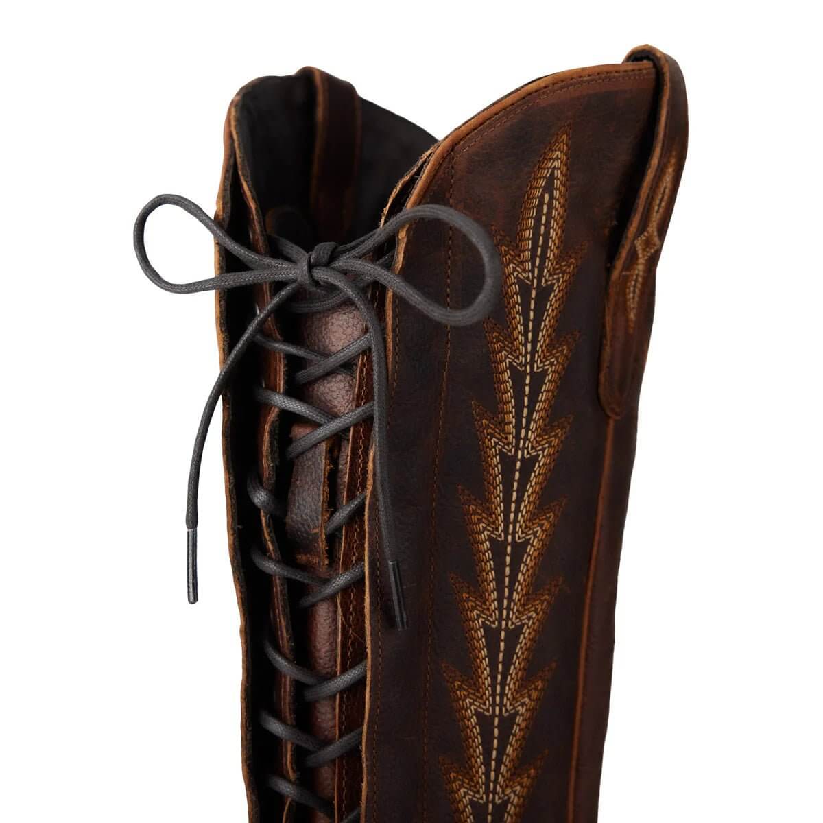 Lane Boots Lexington knee-high corset boots in cognac leather, featuring a stylish design and pointed toe.