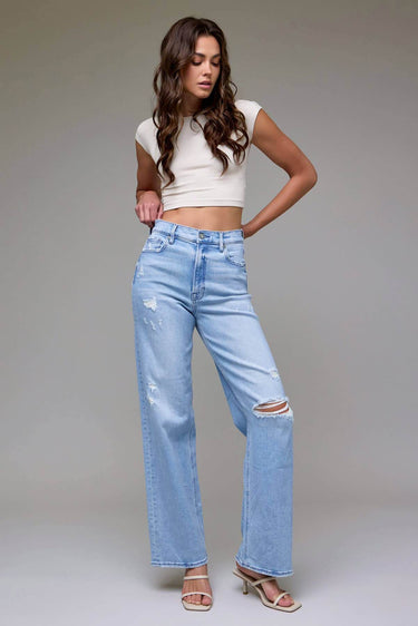 Light Wash Distressed 33" Inseam Dad Jean - Cowgirl Charm