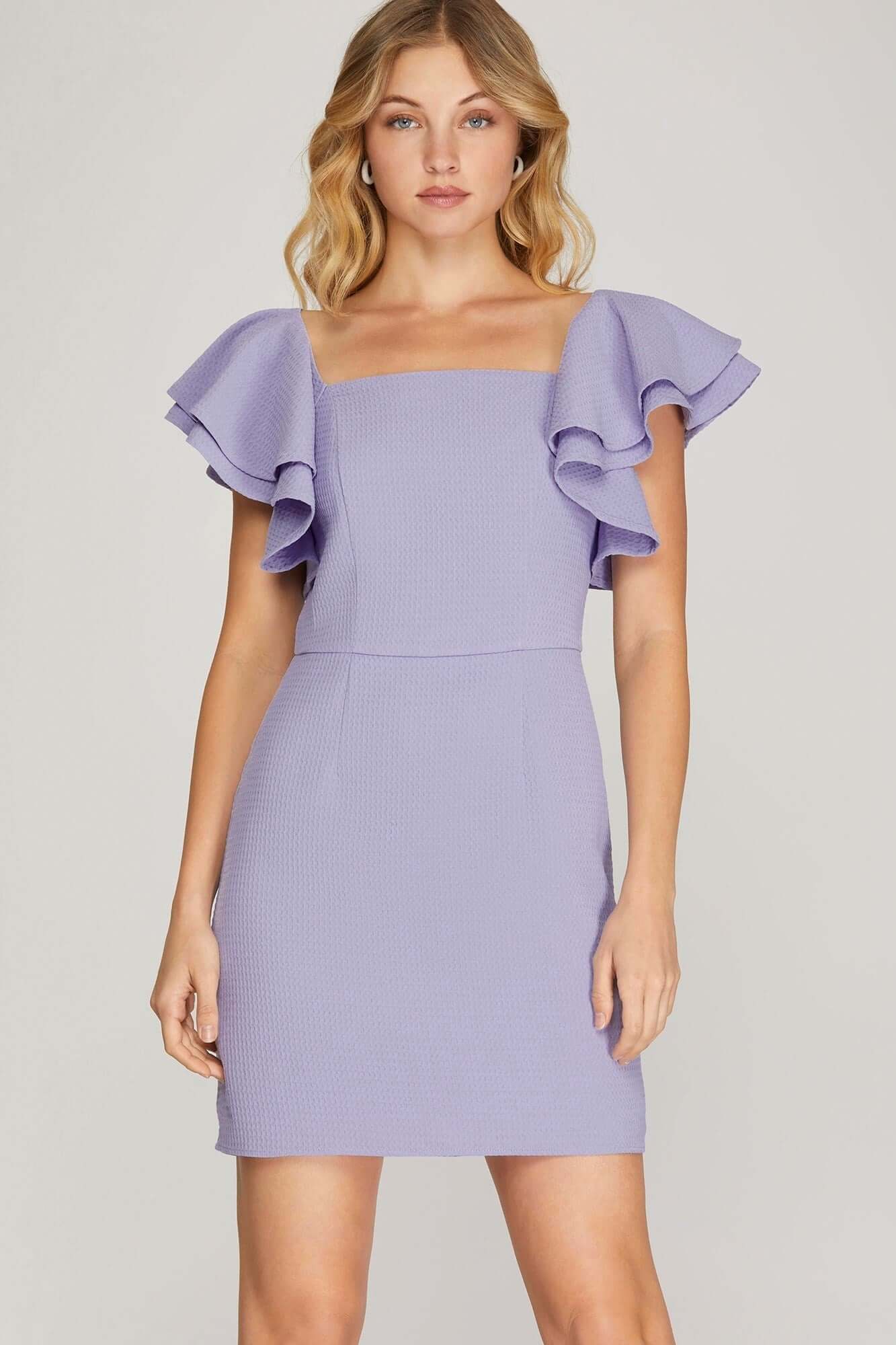 Lilac Double Ruffle Sleeve Textured Mini Dress Square Neck Fit & Flare L Lilac Double Ruffle Sleeve Textured Mini Dress Square Neck Fit & Flare L
