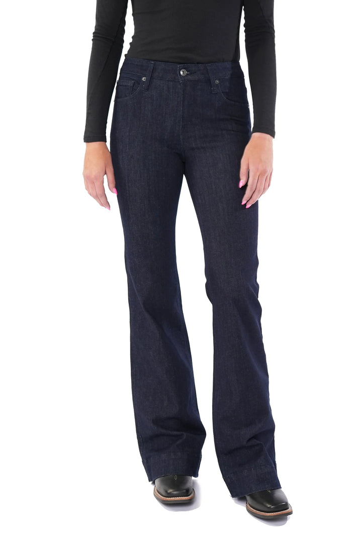Haala Denim Bella flare trousers in midnight navy with contrasting stitch, styled with a relaxed fit and high waist.