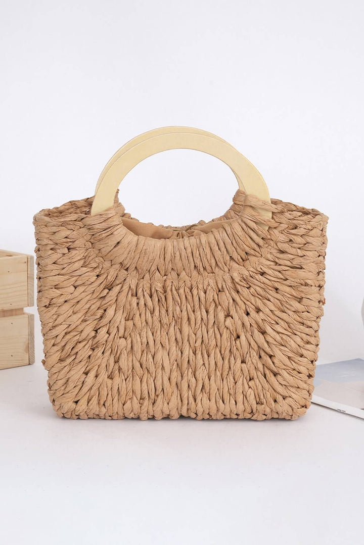 Cowgirl Charm Natural Charm woven handbag with leather straps and intricate woven pattern, perfect for casual or boho style.