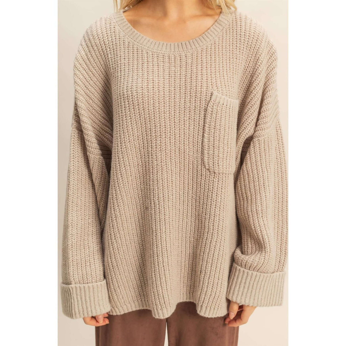 HYFVE oversized casual ribbed knit sweater displayed on a model, featuring a relaxed fit and cozy textured fabric.