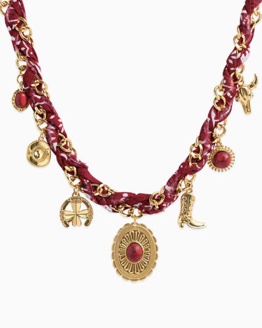 Paisley Scarf Western Concho Multi Charm Necklace - Cowgirl Charm