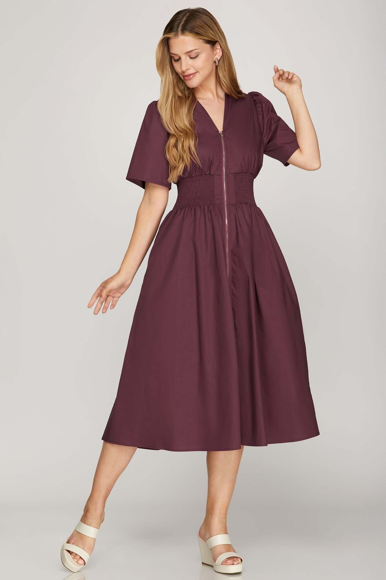 She and Sky She + Sky Smocked Waist Front Zip Midi Dress in Maroon, Size Large, Cotton/Polyester from Aggieland Outfitters