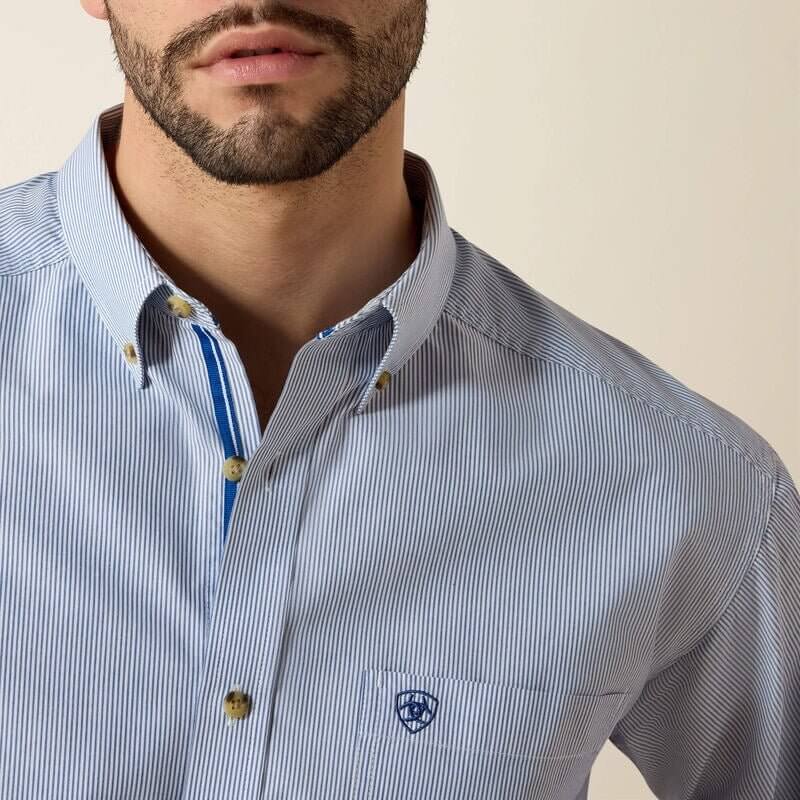 Ariat Pro Series Dayne classic fit shirt featuring a button-up design and plaid pattern, displayed on a hanger.