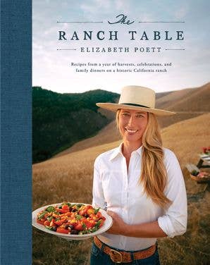 Open cookbook titled "The Ranch Table" by Elizabeth Poett, featuring rustic kitchen scenes and farm-to-table recipes.