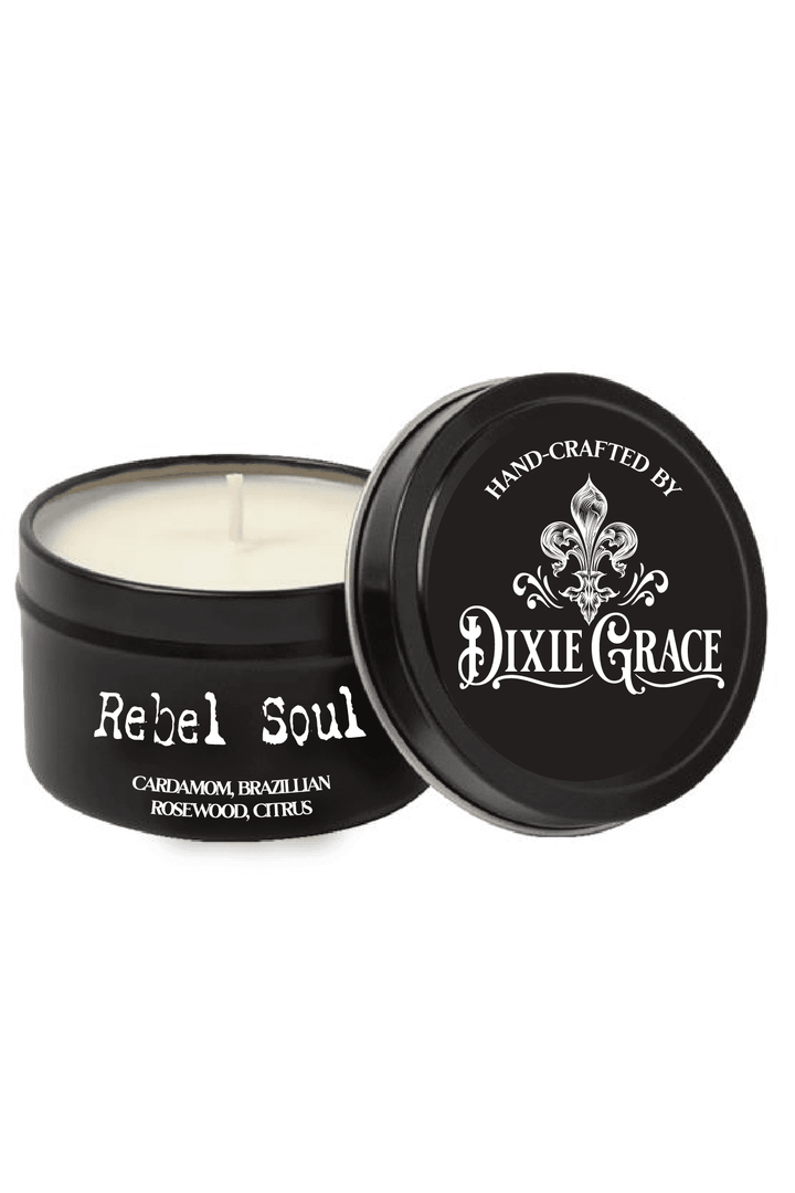 Dixie Grace Rebel Soul 8 oz candle tin with cotton wick, home and gift candle, sleek metal container with label design