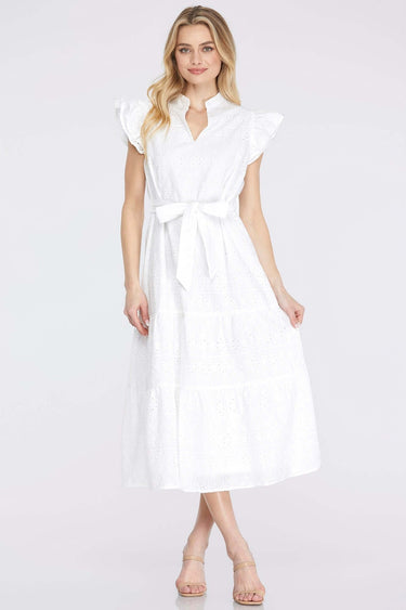 Ruffle Sleeve Eyelet Midi Dress with Waist Tie – Off White - Cowgirl Charm