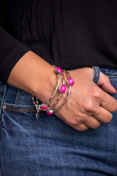 Set of 3 Burnished Silver Bangles with Pink Oval stones - Cowgirl Charm