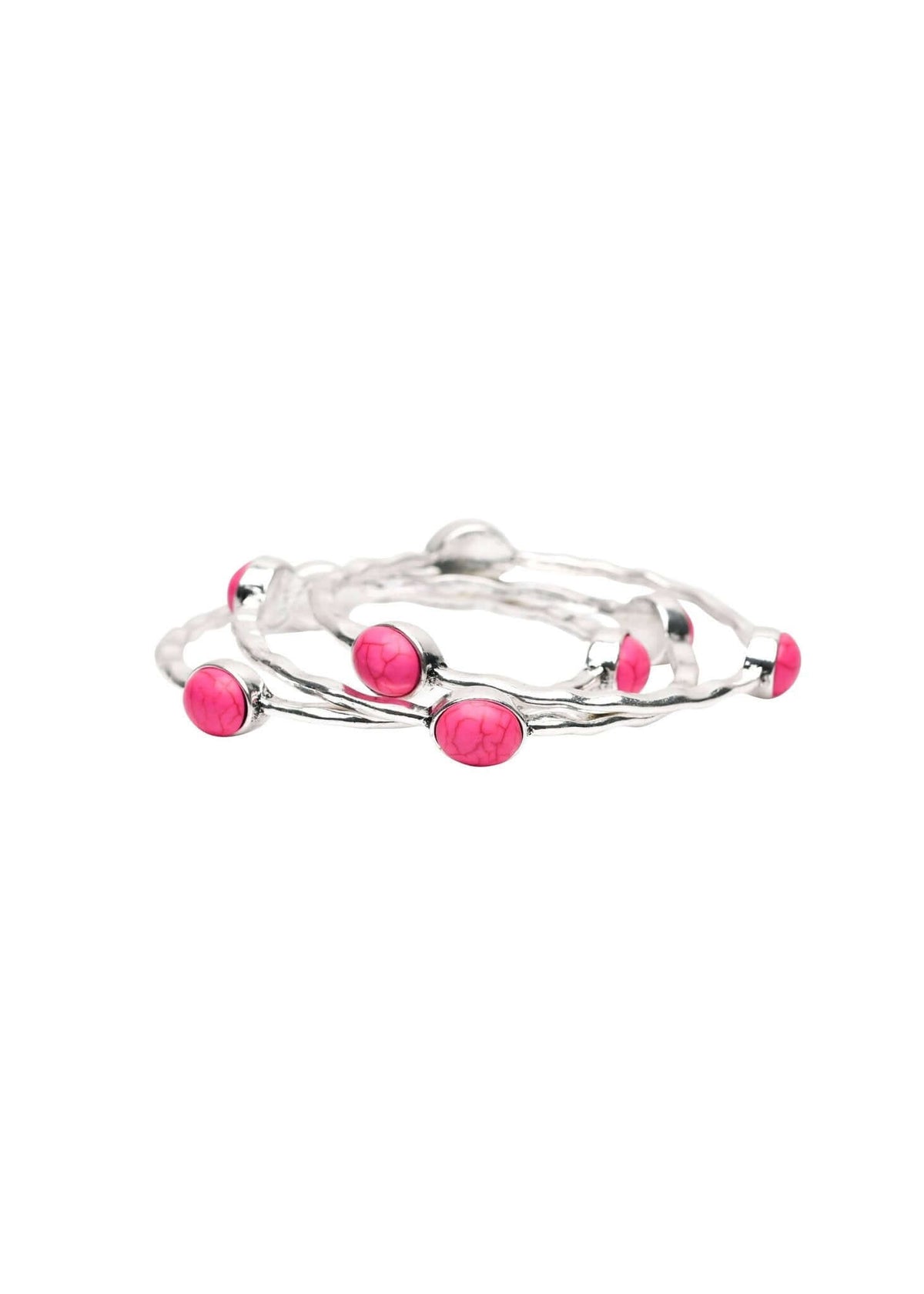 Set of three burnished silver bangles with pink oval stones from West & Co. jewelry accessories.