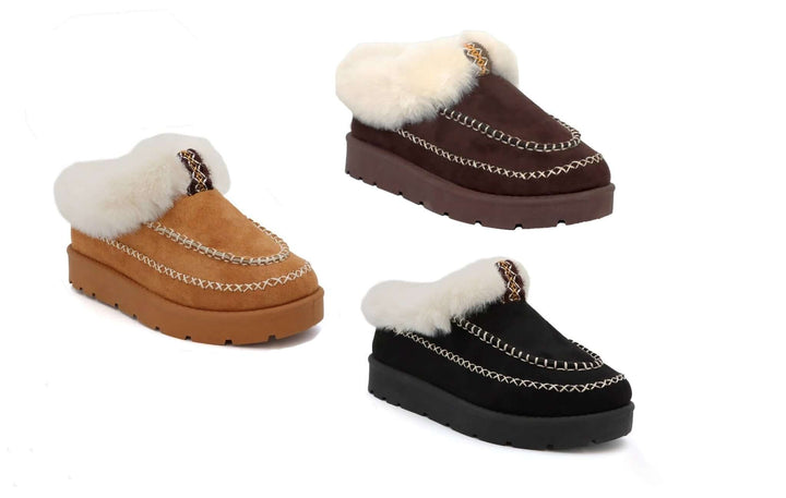 Seven7 Pembroke women's snow booties with fur trim and stitching detail, stylish winter shoes by Mars Sky Shoes Wholesale