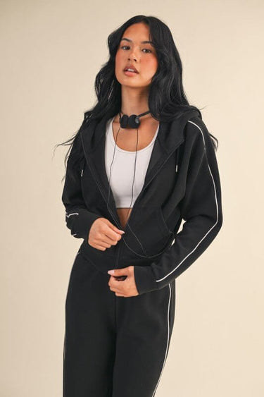 Kimberly C Soft Air Scuba zip-up hoodie set, featuring a comfortable hoodie with front zipper and soft fabric for casual wear.