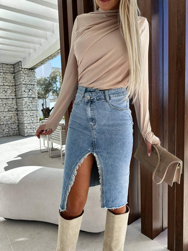 Solid Color Denim Split Skirt - Cowgirl Charm