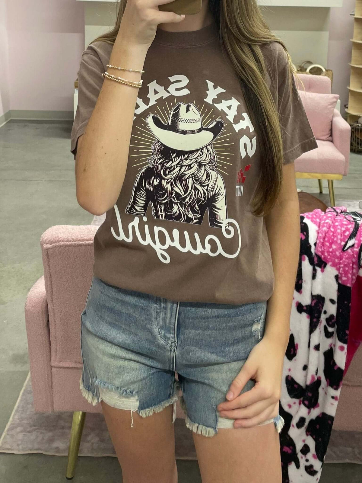 Stay Salty Cowgirl graphic T-shirt by L&B Life featuring a sassy western style design on a casual tee.