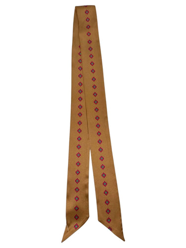 Tan silk Twilly scarf with purple, teal, orange, and yellow accents from West & Co. showcasing a vibrant, lightweight accessory.