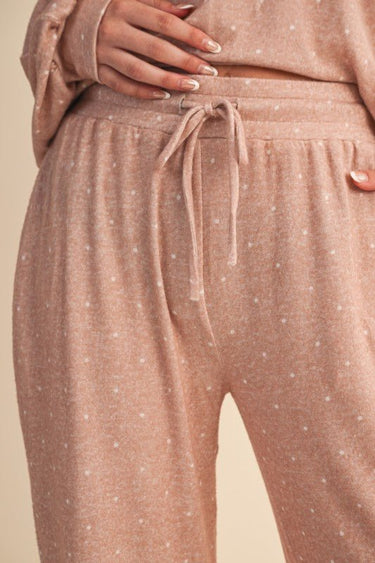 Kimberly C taupe polka dot active wear bottoms, stylish and comfortable for workouts or casual wear.