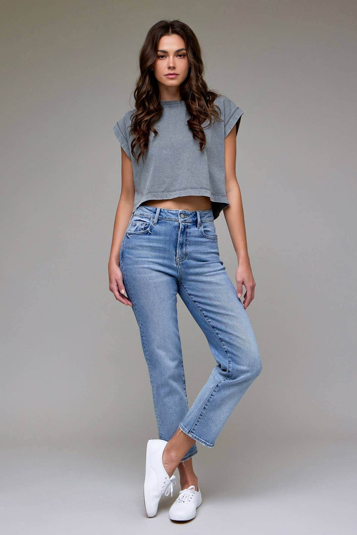 Hidden Jeans Tracey Clean Stretch 28-inch inseam straight jeans, featuring a sleek fit and classic denim style.