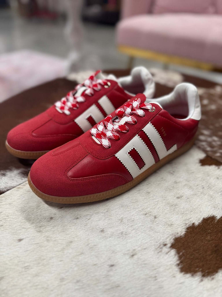 Red and white Trackstar sneaker by Dirty Laundry, featuring stylish design and comfortable athletic fit.