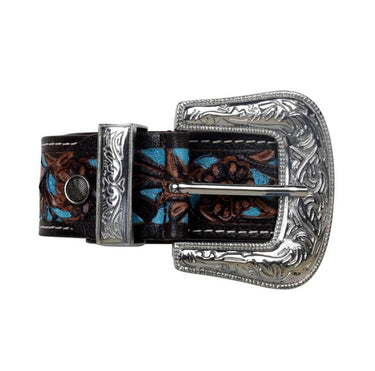 Turquoise hand-tooled leather belt with intricate tooling, featuring a western style design by Cowgirl Charm.