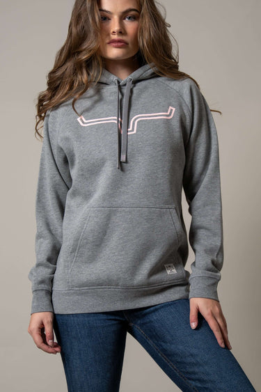 Kimes Ranch Women’s Longhorn Hoodie in Heather Grey, soft knit fabric with Longhorn graphic design, casual and comfortable fit.
