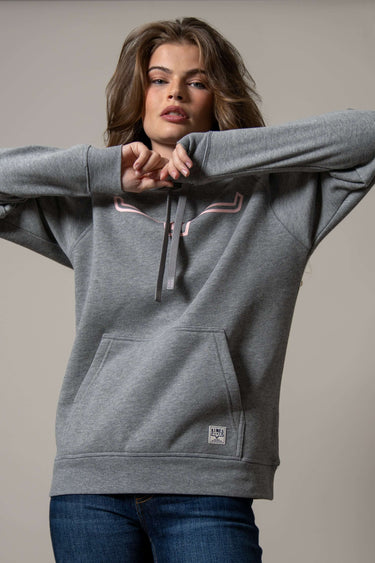 Kimes Ranch Women’s Longhorn Hoodie in Heather Grey, showing a cozy, casual sweatshirt with a Longhorn graphic design.