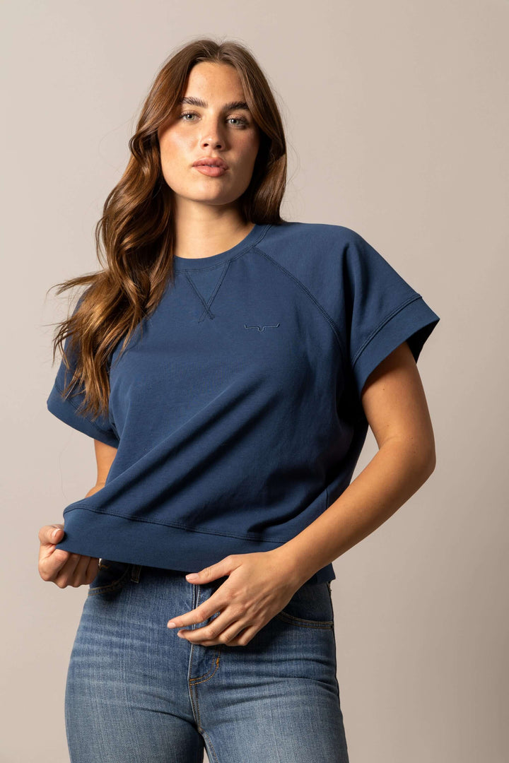Kimes Ranch women's navy cropped short sleeve sweatshirt with a relaxed fit and casual style, perfect for comfortable everyday wear.