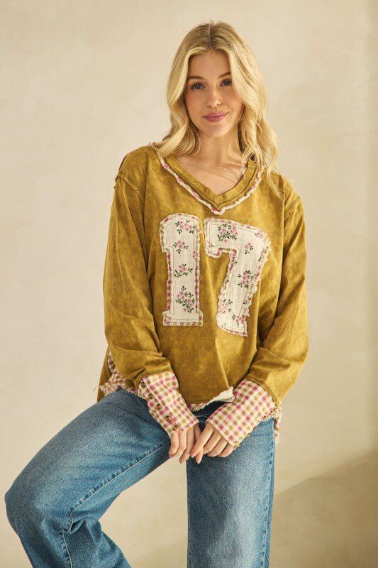 Vintage mustard floral patchwork sweater from Sage + Fig featuring number 17 design, cozy and stylish women's knit top.