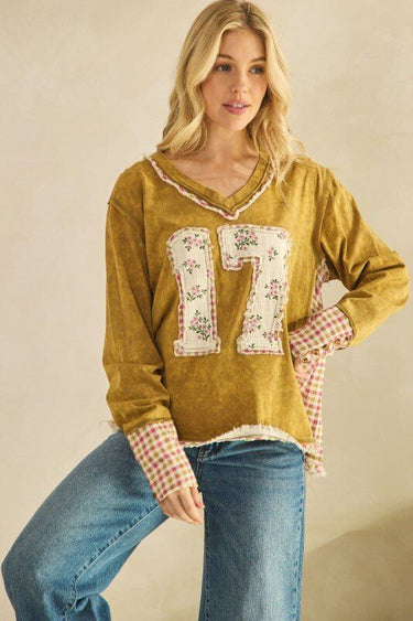 Vintage mustard floral number 17 patchwork short sleeve sweater by Sage + Fig, featuring colorful floral and patchwork design.