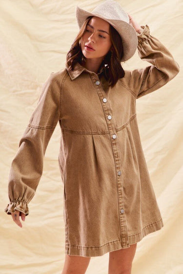 Washed Color Denim Button Down Shirt Mini Dress - Cowgirl Charm