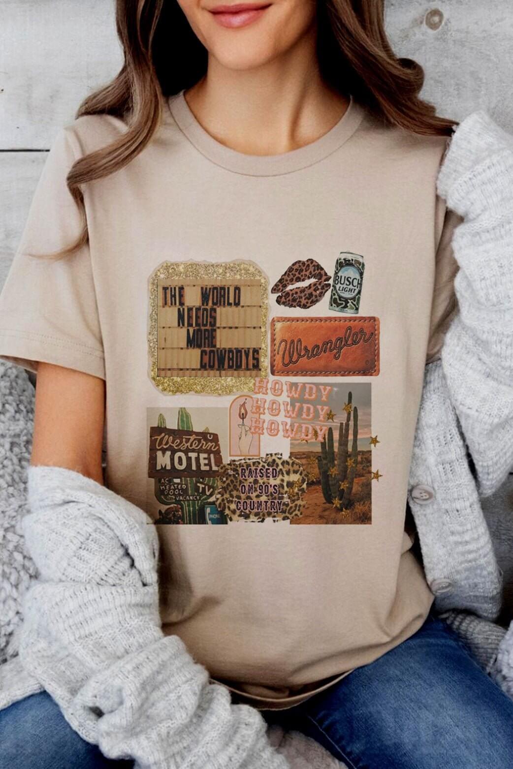 Caramelo Trend Western Collage Tee featuring a stylish Western-themed graphic design on a comfortable T-shirt.