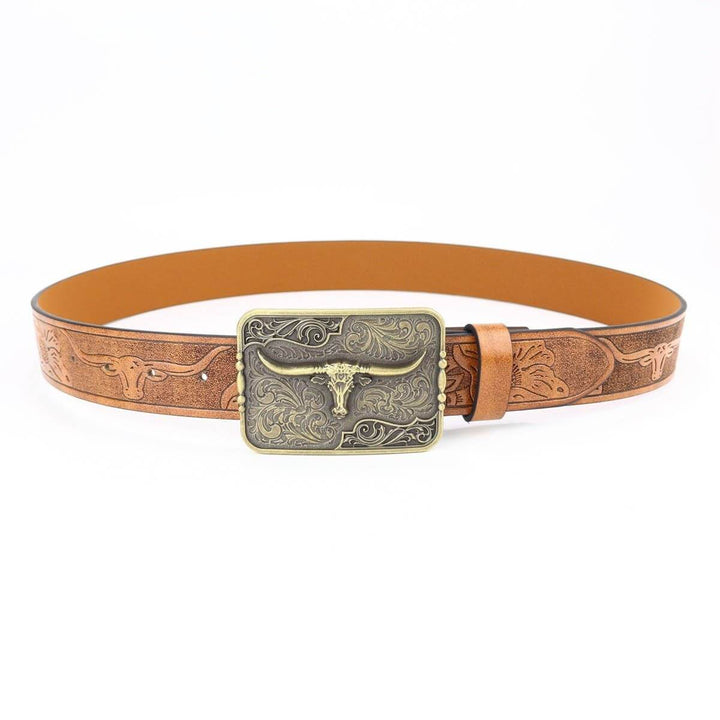 Western cow head belt buckle by ACCITY with intricate detailing, featuring a polished metal finish and western-inspired design.