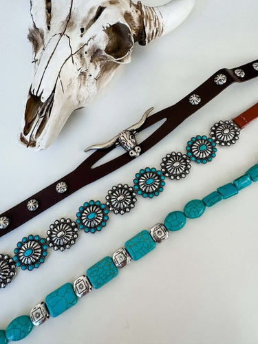Western hat band featuring concho, stone accents, and longhorn steer design, crafted by Boho Ranch Shop.