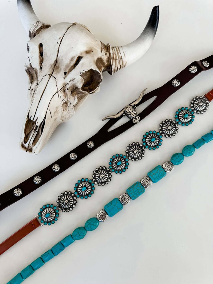 Western hat band with concho accents, stone details, and longhorn steer motif, designed for stylish hat accessories.