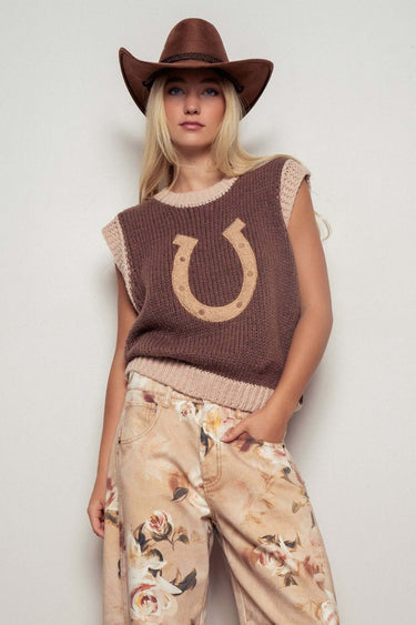 Urban Daizy Western Horseshoe crochet knit sweater vest with ribbed trim, stylish top featuring Western-inspired design details.