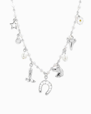 Sessori Western Icon Pearl Mix Chain Charm Necklace featuring mixed pearls and Western-inspired design.