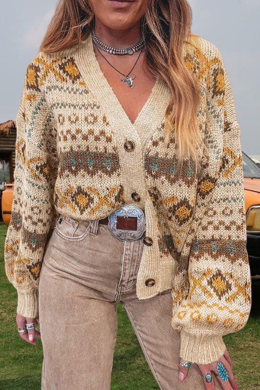 Western pattern knitted button sweater cardigan by FashionWorks featuring a cozy, stylish design with button closure and intricate western motifs.
