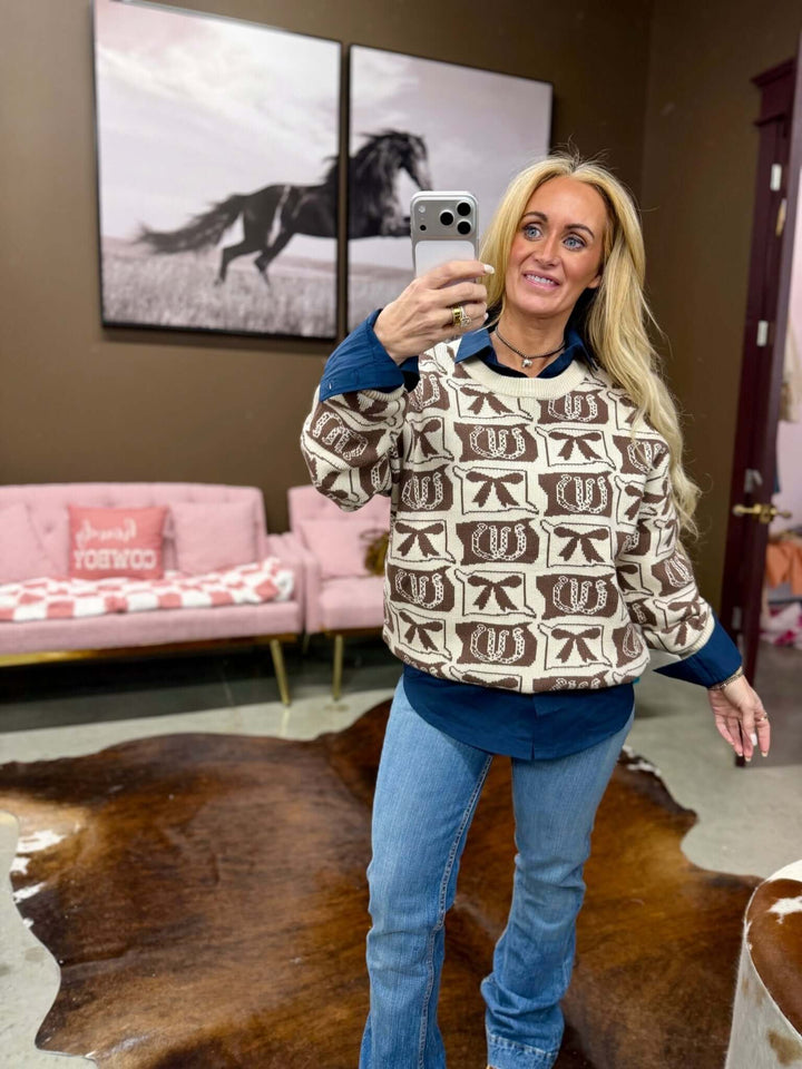 Western plaid cowgirl check crochet cozy sweater by FashionWorks, featuring a warm, stylish design with plaid pattern and crochet details.