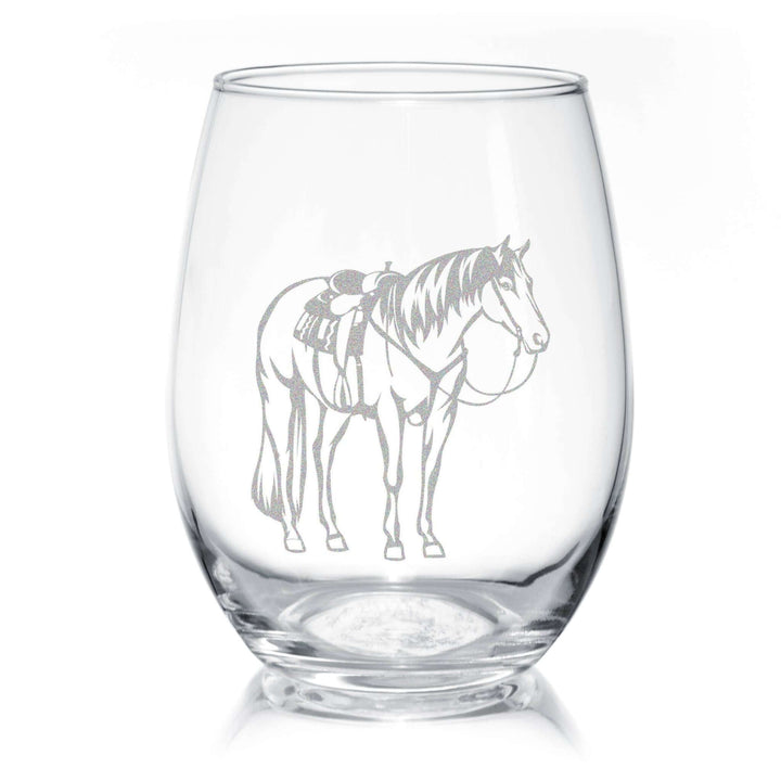 Engraved stemless wine glass featuring Western ranch horse and equestrian design by Classy Equine, ideal for home and gifts.
