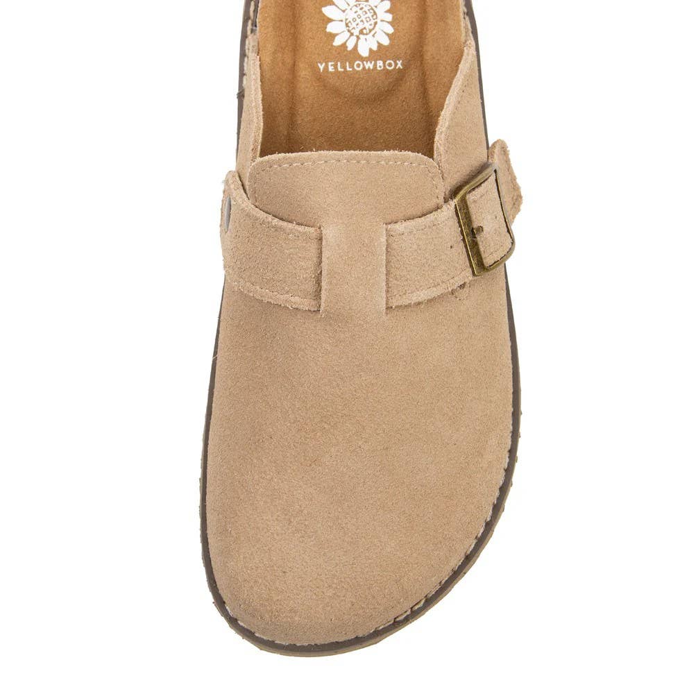 Yellow Box Maible women's cork sole mule sandals with buckle strap, stylish slip-on shoes from Mars Sky Shoes Wholesale.