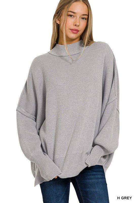 Zenana oversized ribbed mock neck sweater with a cozy, slouchy tunic fit, short sleeve design, perfect for casual wear.